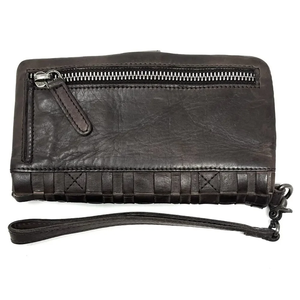 Vilenca Holland Woven Leather Wallet Wristlet Clutch Removable Strap Dark Brown